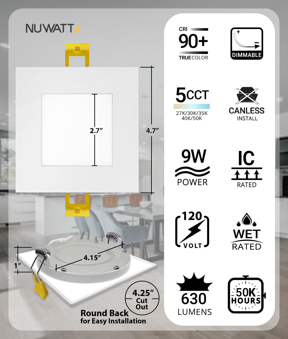 12 Pack Canless 4 Inch LED Square Recessed Lighting 2700K-5000K, ETL