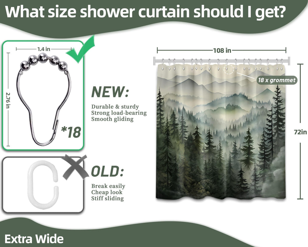 Sage Green Forest Extra Wide Shower Curtain, 108X72 in for Clawfoot Tub
