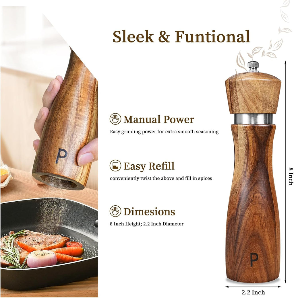 Acacia Wood Salt and Pepper Grinder Set Kitchen Home 8 Inch - Set of 2