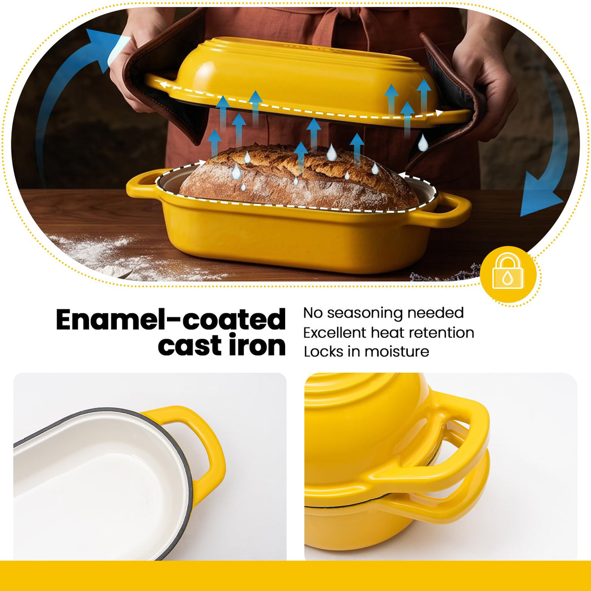 Oval Dutch Oven for Bread Baking,11.3x5 Enameled Cast Iron Bread Pan,Yellow