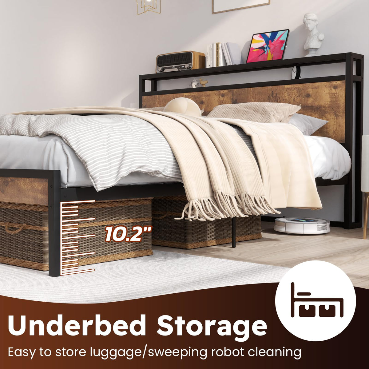 Bed Frame with Headboard Storage, Rustic Brown