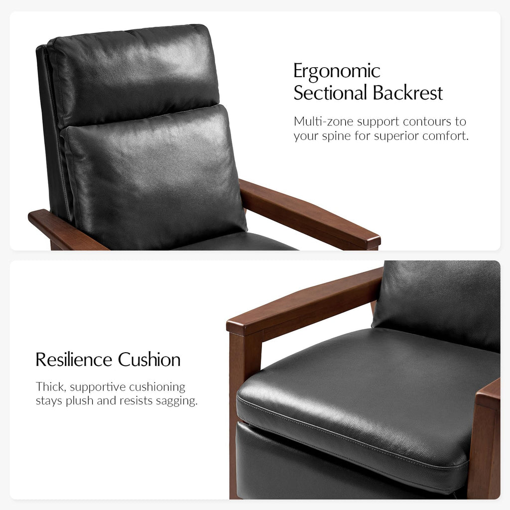 Genuine Leather Recliner with Rubber Wood Arms, Black