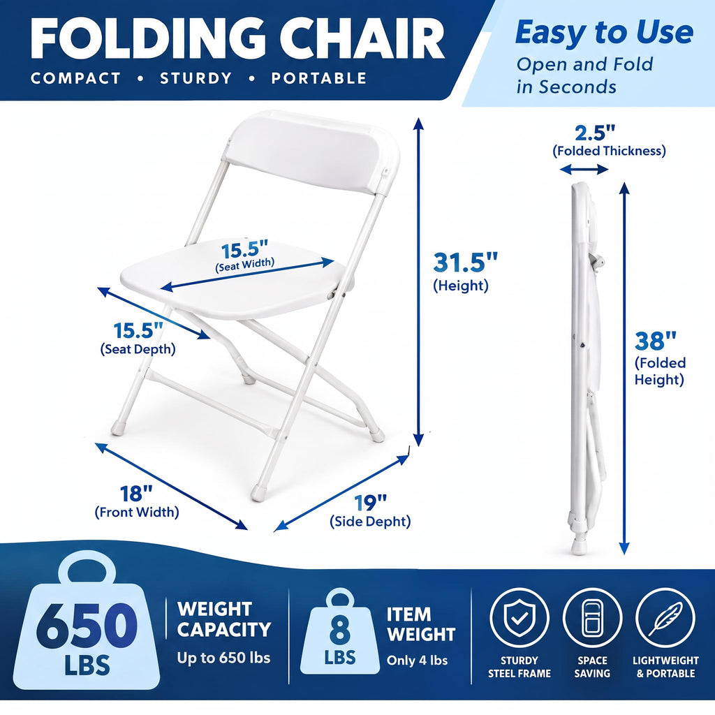 White Folding Chairs 10-Pack, Portable Events Chairs, Plastic Folding Chair, Stylish 650 lb Capacity for Party, School