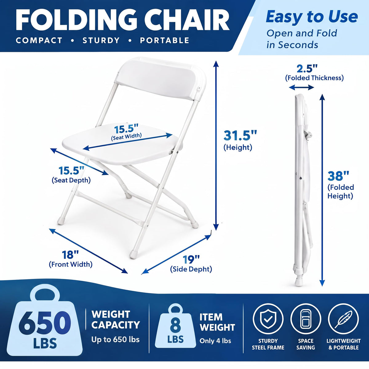 White Folding Chairs 10-Pack, Portable Events Chairs, Plastic Folding Chair, Stylish 650 lb Capacity for Party, School