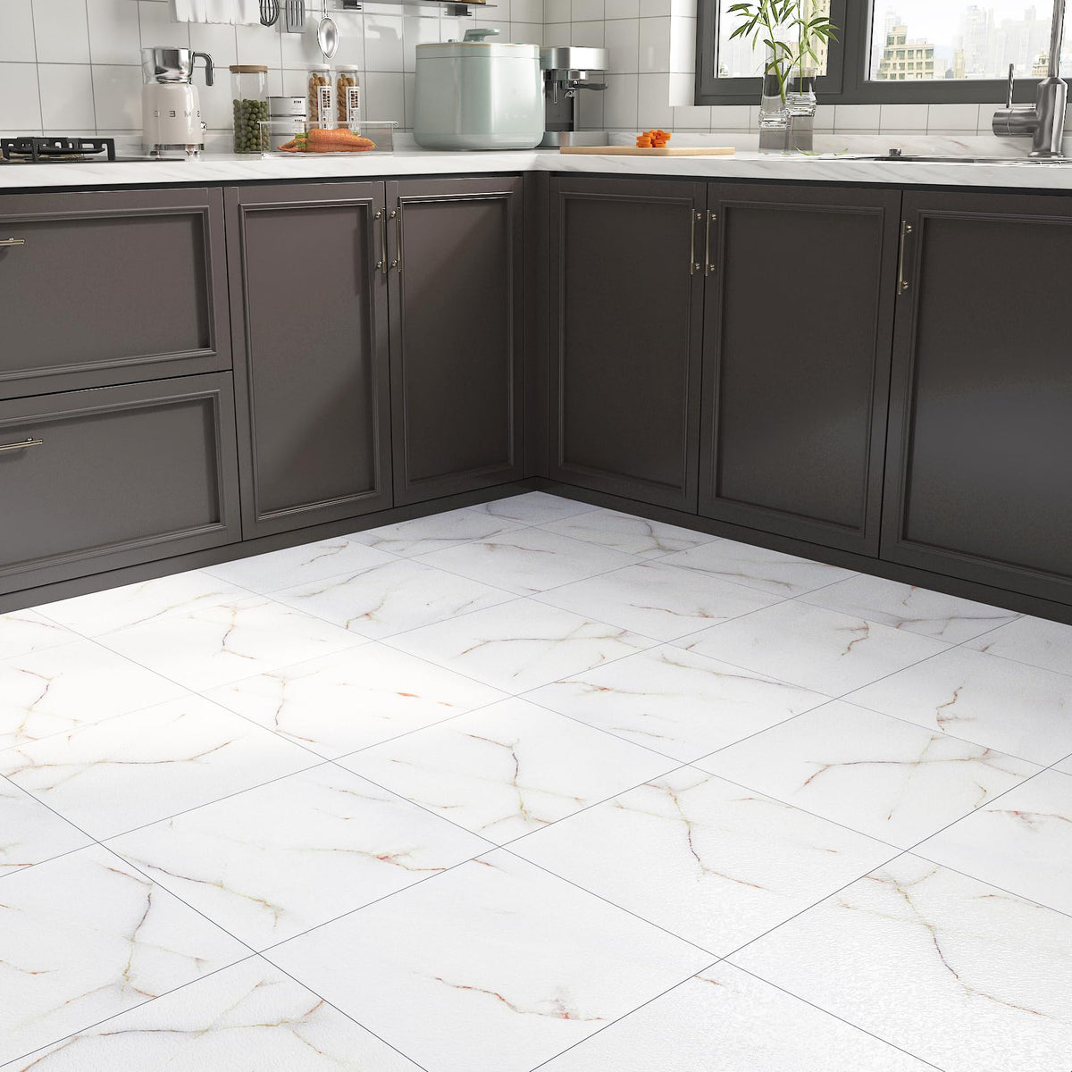 15-Sheet White Vinyl Flooring Peel and Stick Bathroom Floor Tiles Waterproof Pink Marble Peel and Stick Floor Tile