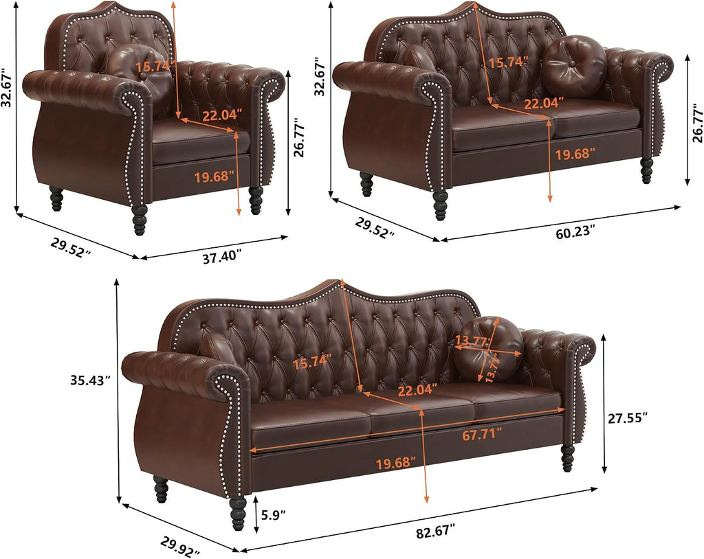 Chesterfield 3-Piece Tufted Faux Leather Living Room Sofa Set — Sofa, Loveseat & Armchair with Nailhead Trim, Brown