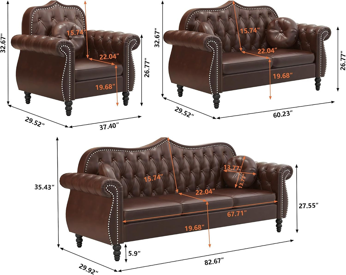 Chesterfield 3-Piece Tufted Faux Leather Living Room Sofa Set — Sofa, Loveseat & Armchair with Nailhead Trim, Brown