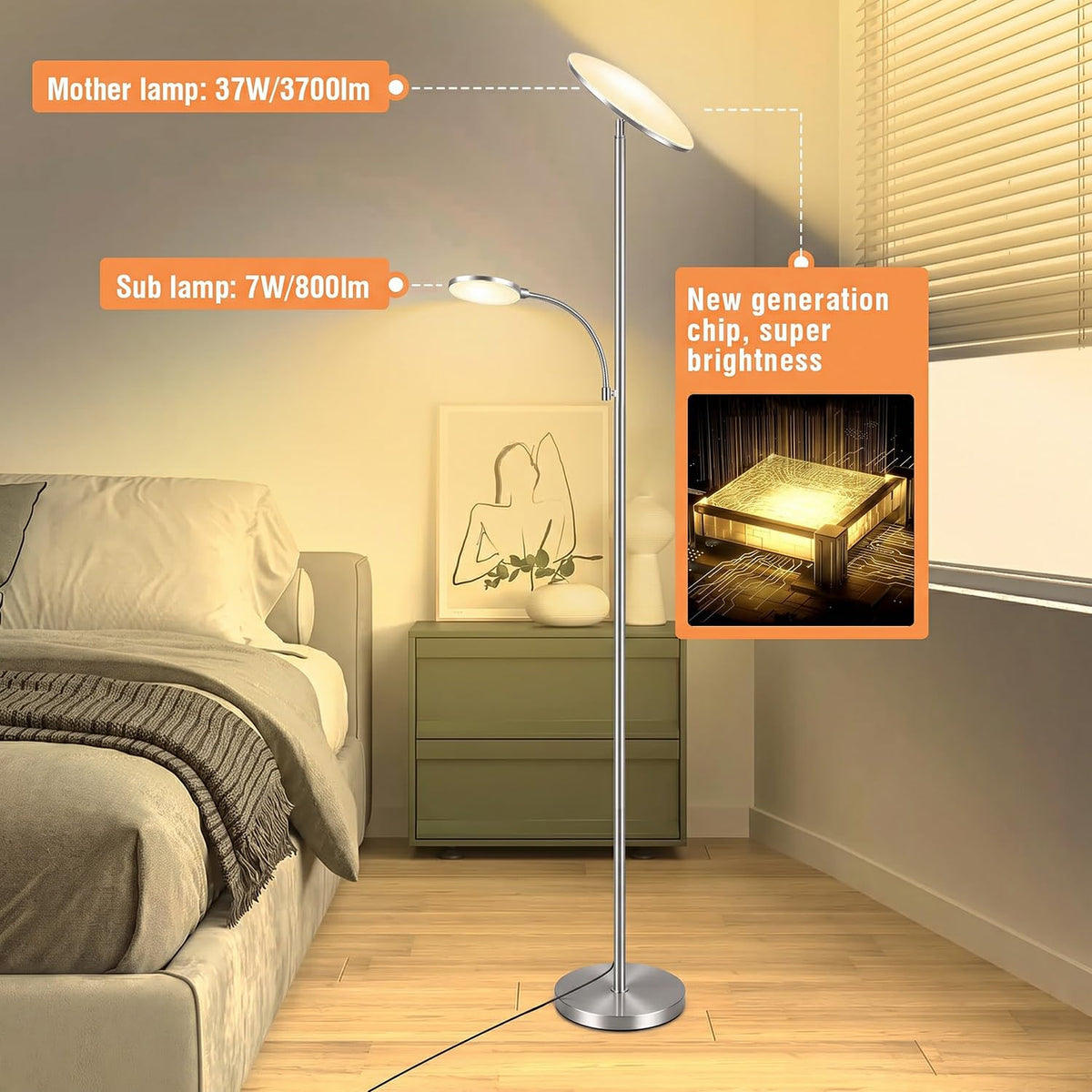 Brushed Nickel Floor Lamps, 44W/4500LM Brightest 2 in 1 LED, Precision Dimming & Memory, 69" Tall Pole Lamp