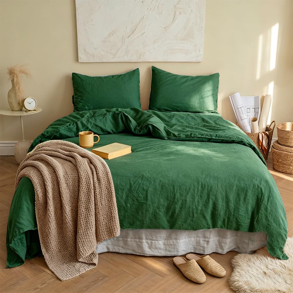French Linen Duvet Cover Set 3pcs with Hidden Zipper Closure Natural Flax Cotton Blend Solid Color Soft Breathable