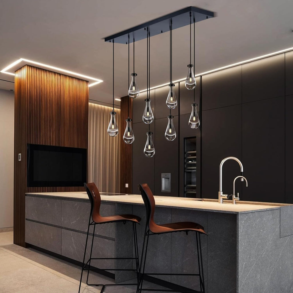 Raindrop 9-Light Chandeliers for Dining Room, Black Dining Room Lights Fixture Over Table, Teardrop Pendant Lights Kitchen Island, Adjustable Rope Hanging Lamp Ceiling for Entryway Foyer