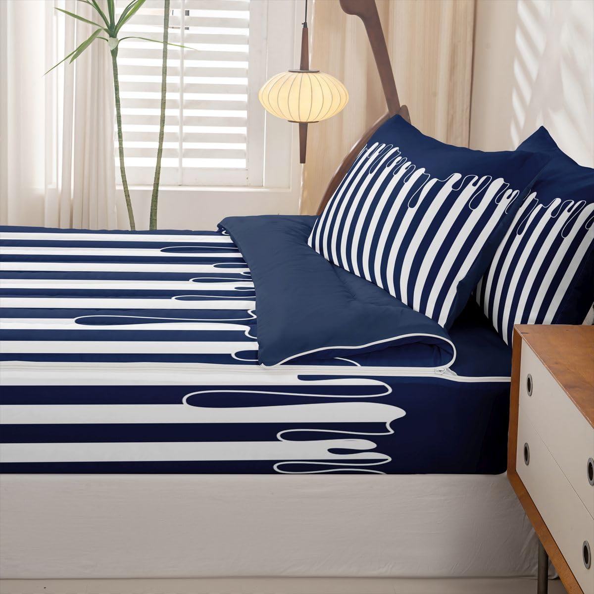 Dark Blue Striped Zipper Bedding Stripe Drip Zip Up Bedding Set for Adults Couples, Neutral Modern Abstract