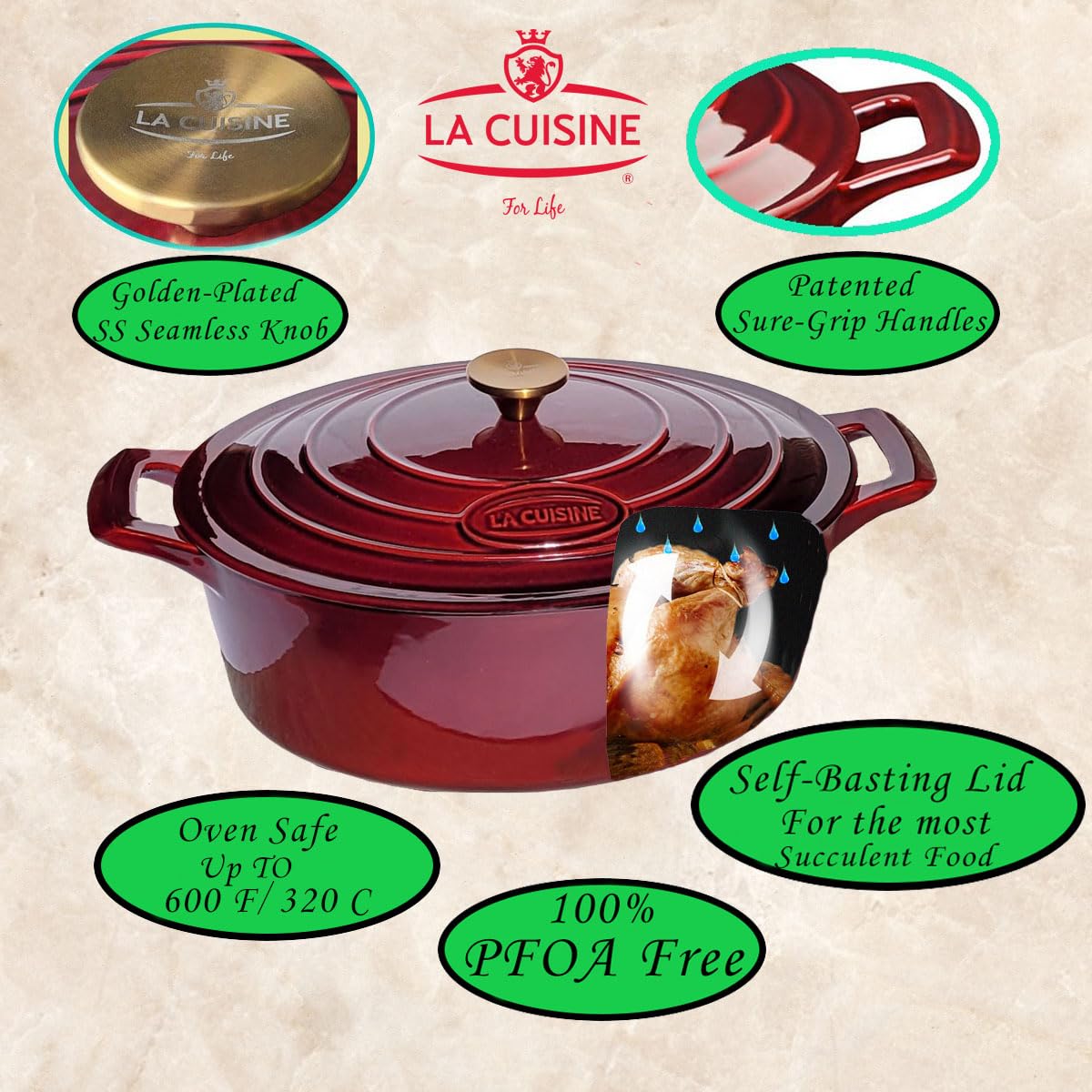 Enameled Cast Iron Oval Dutch Oven Casserole Dish Pot with Lid 5 QT Internal Matt Black Enamel Coating, Cranberry