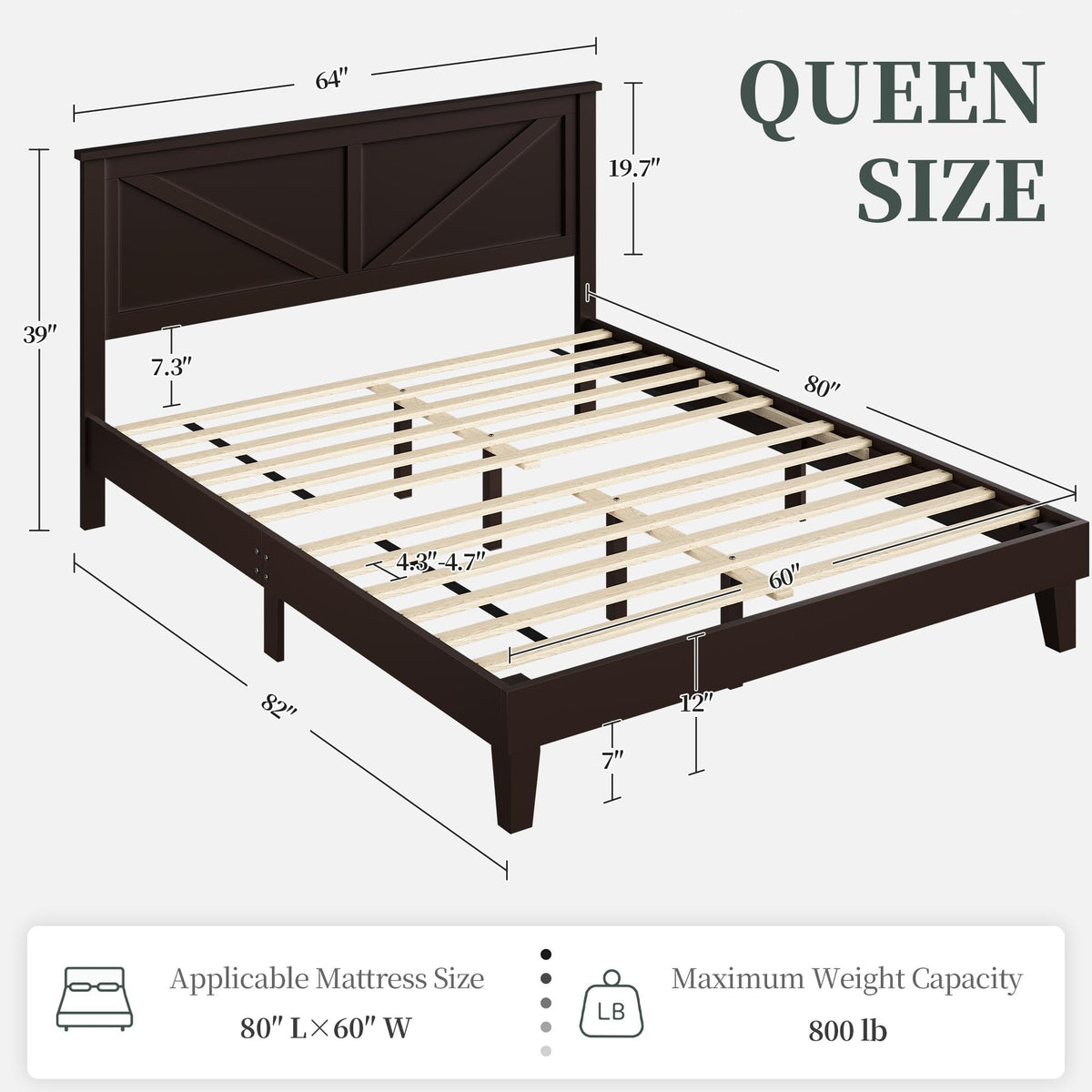 Platform Wood Bed Frame, Farmhouse Headboard, Espresso