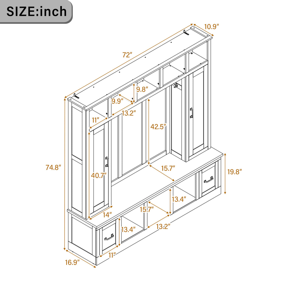 Large Hall Tree with Bench and Shoe Storage, 72" Farmhouse Entryway Bench with 2 Drawers, 5 Hooks & Top Cubbies