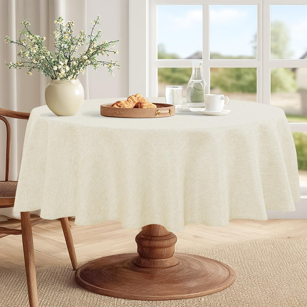 Round Table Cloth Faux Linen Farmhouse Tablecloth Wrinkle & Stain Resistant Table Cover Dining, Holiday Party Dinner