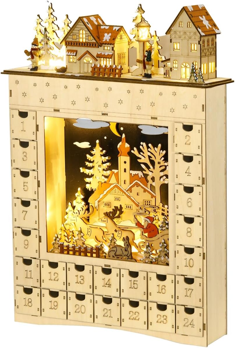 Christmas Wooden Advent Calendar, LED 24 Day Advent Calendar Decorated with Christmas Tree House and LED Lights