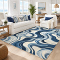 Blue and White Wave Area Rug 5x7 Modern Wavy Stripes Rugs