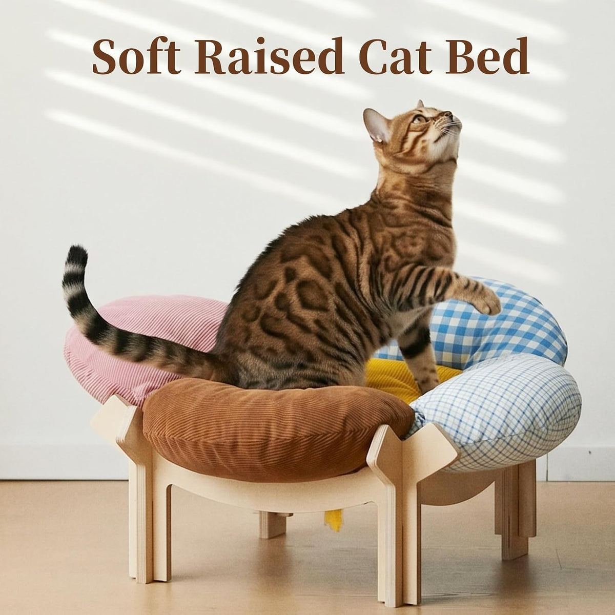 Elevated Cat Bed Wooden, Cat Couch Fluffy, Cat Sofa Flower for Indoor Cats, Raised Cat Bed with Washable Fluffy