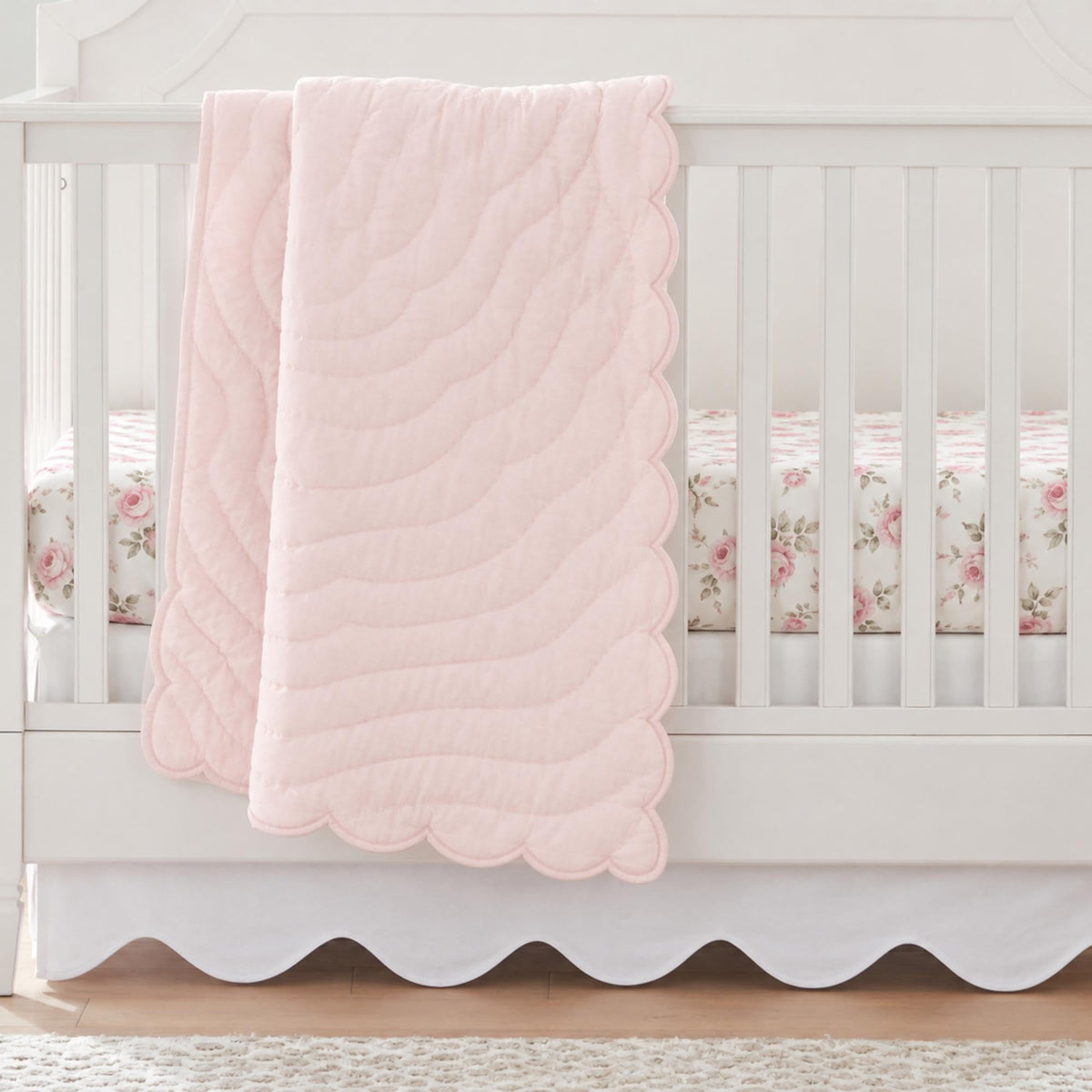 Scallop Edge Cotton Crib Skirt Toddler Bedskirt Baby Crib Bed Skirt for Girls, Boys, 4 Sided, Boho Neutral Solid