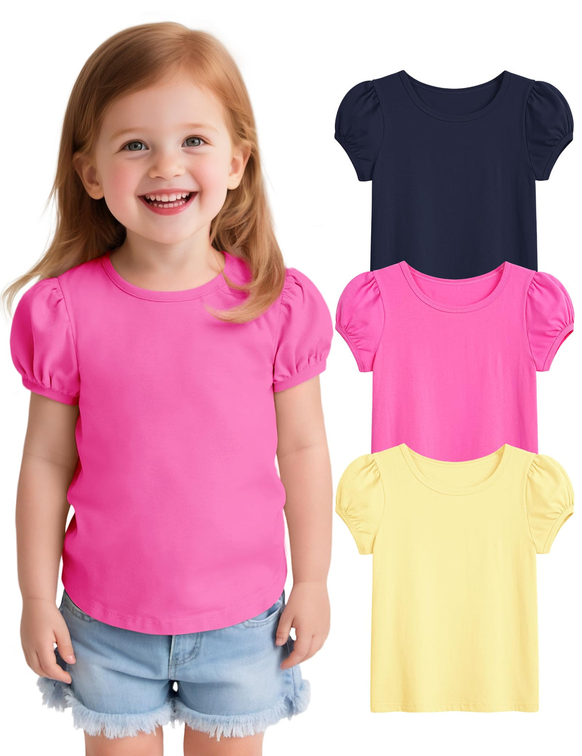 3 Pack Toddler Girl Shirts Cotton Baby Girls T-Shirts Basic Short Sleeve Tee Tops Navy Blue/Yellow/Rose Pink