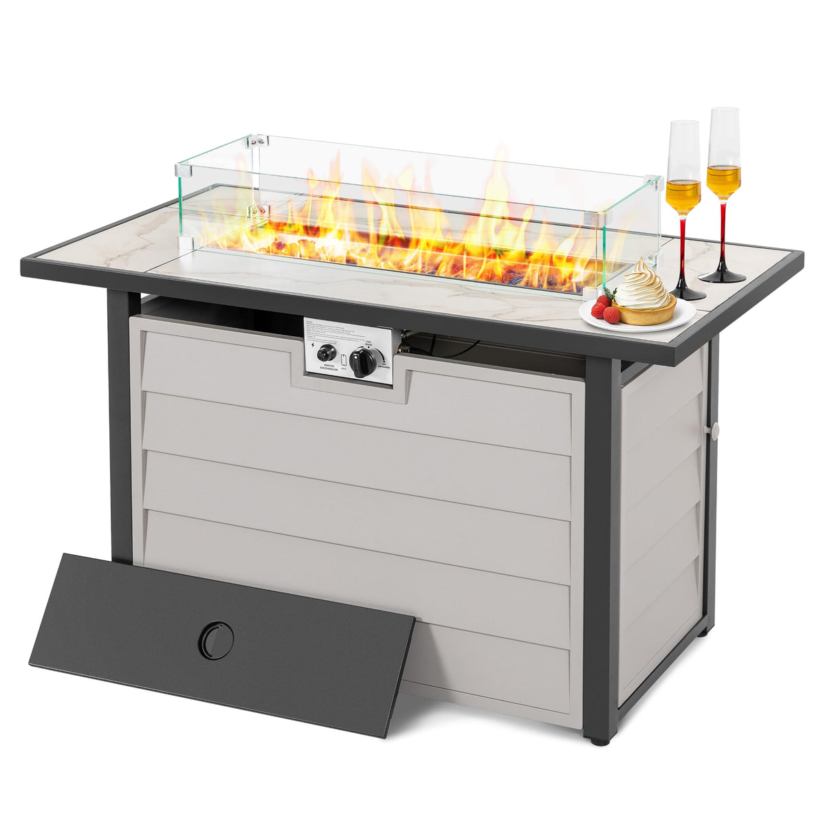 43'' Patio Propane Fire Pit Table, 50, 000 BTU Gas Fire Pit with Marble-Textured Glass Top, Wind Guard, Lid, Glass