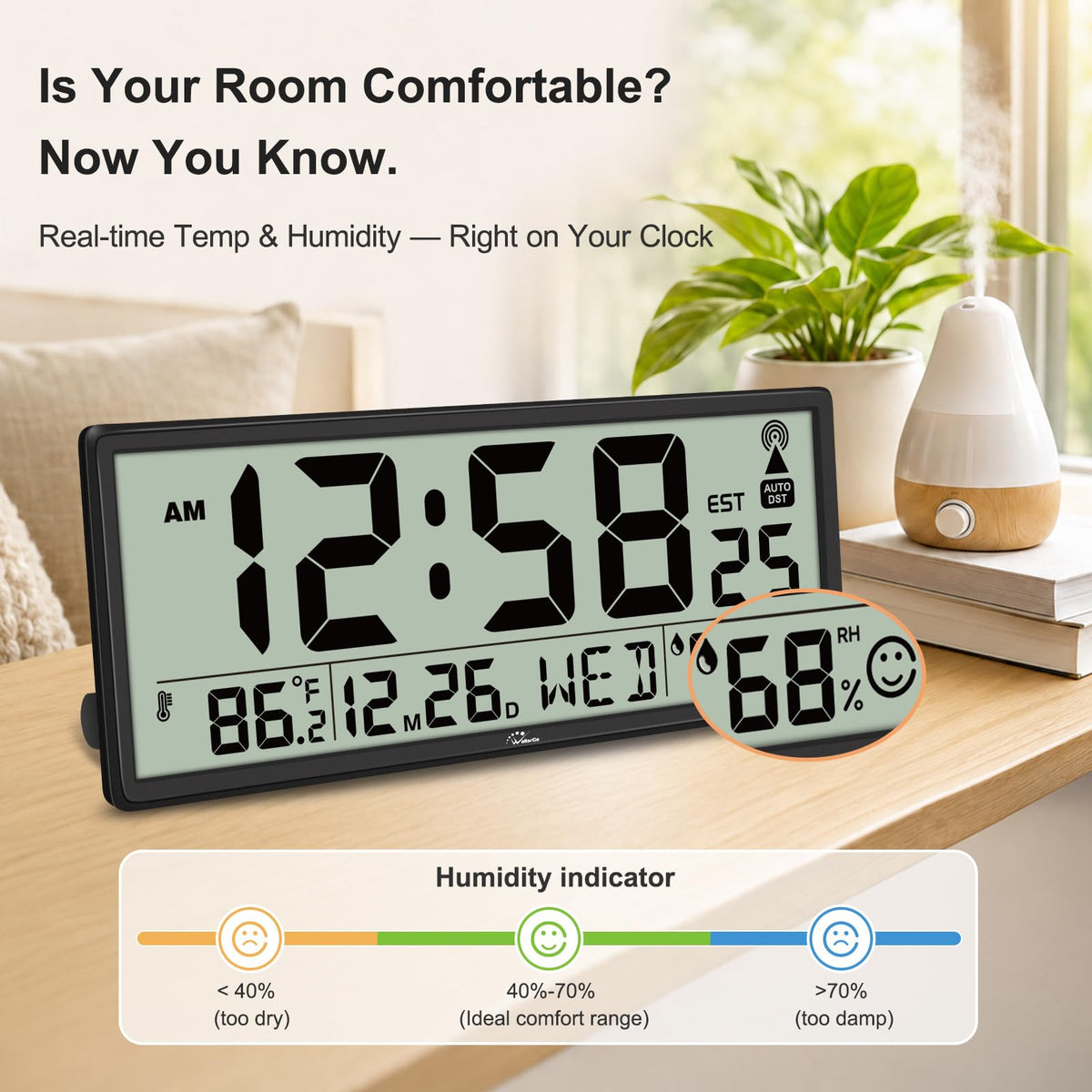Inspired Nelson Style 14.5" Atomic Clock with Indoor Temp and Humidity, Battery Operated