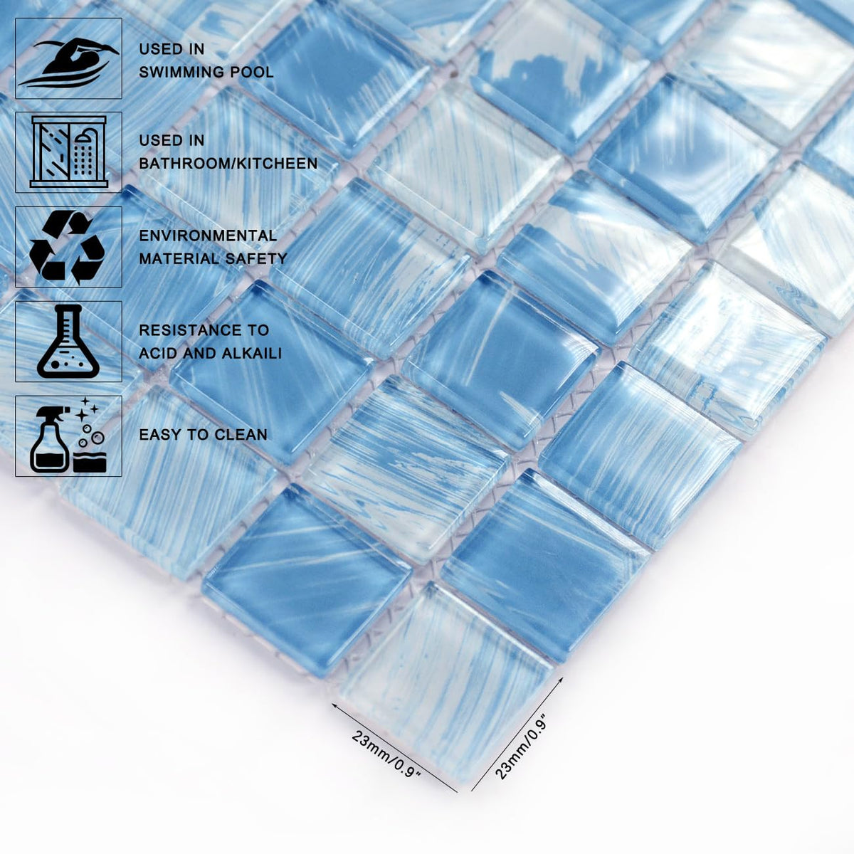 8PC Glass Mosaic Pool Tile, Blue Waterproof Floor & Wall Tiles