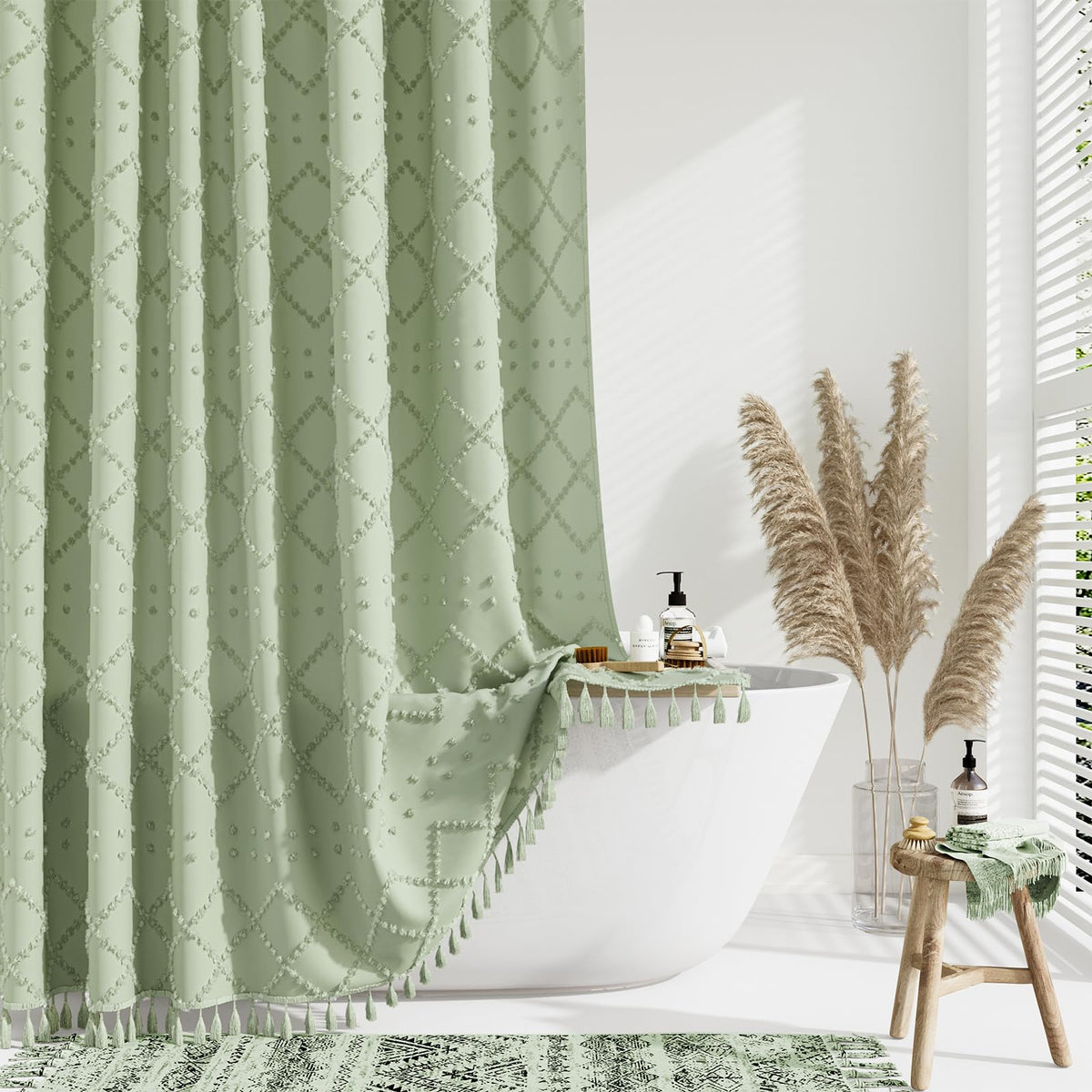 Stall Boho Shower Curtain Tufted Geometric 54"x72" Sage Green