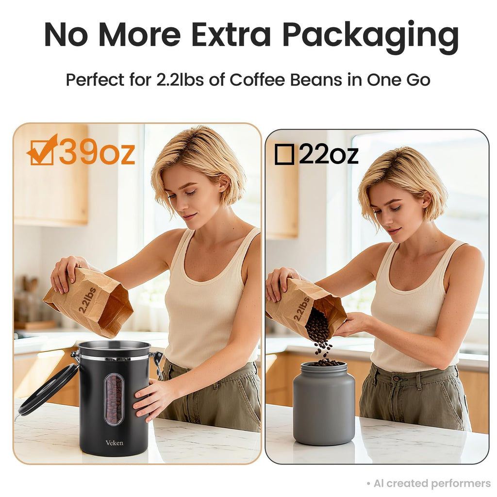 Coffee Canister with Window, 39OZ Large Airtight Stainless Steel Jars