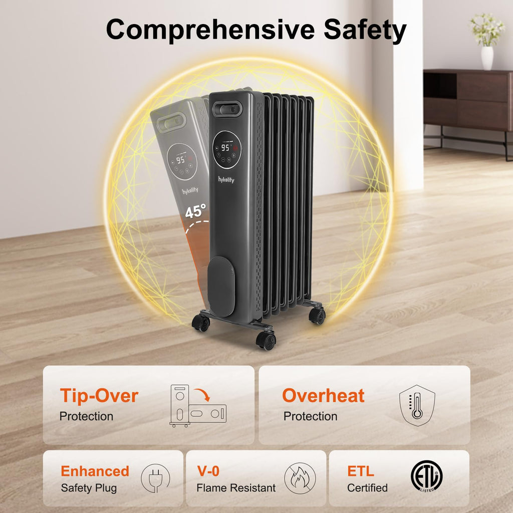 1500W Oil Filled Radiator with 24H ON OFF Timer, Electric heater with Remote, Adjustable Thermostat, 4 Modes, Child