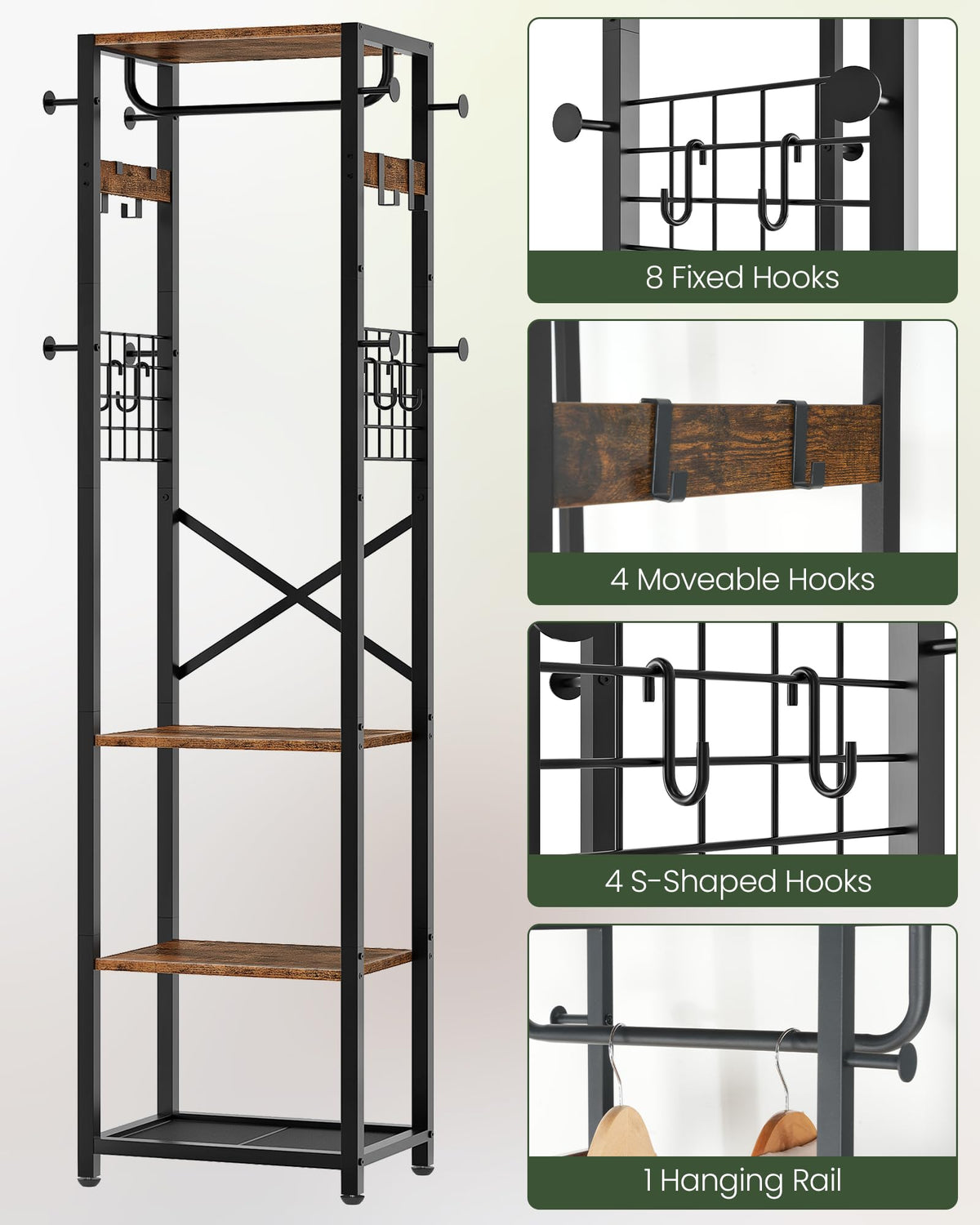 Coat Rack with Shelves, Freestanding Hall Tree, Coat Tree with 16 Hooks and Hanging Rail, Industrial Clothes Stand