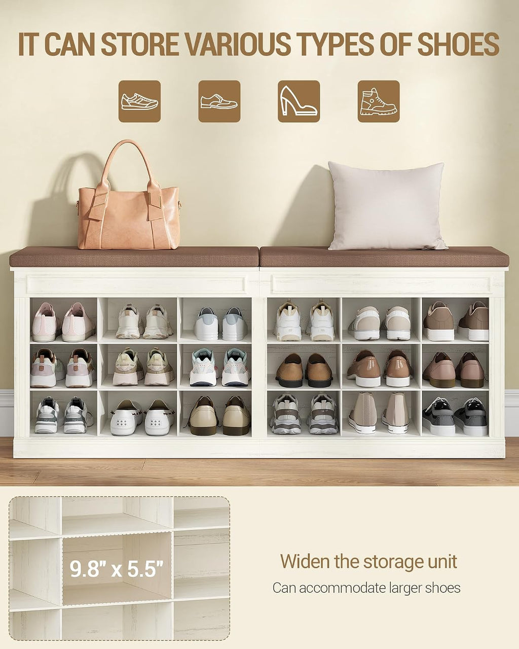 Shoe Bench with Cushion, Farmhouse Storage Bench with 18 Cubbies & Hidden Storage Space, Large Capacity Organizer