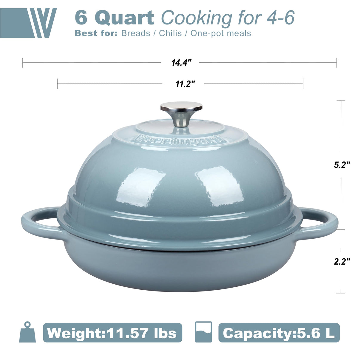 Cast Iron Enameled Dutch Oven Pot with Lid for Bread Baking, Bread Oven, 6 Quart, Sea Salt