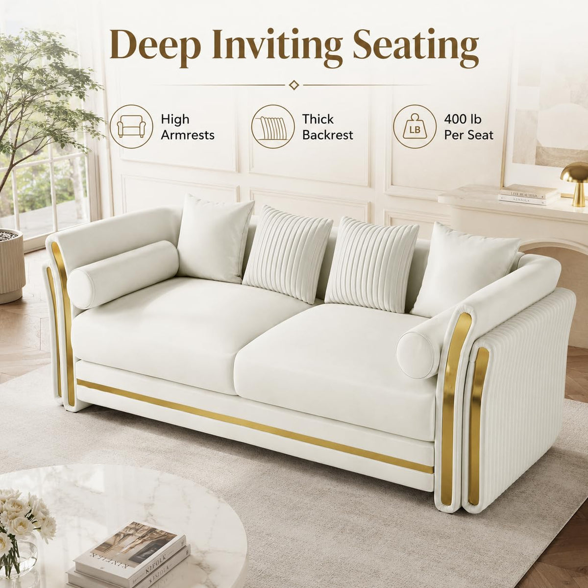 86.7" Chesterfield Sofa Luxury White and Gold Couch, White