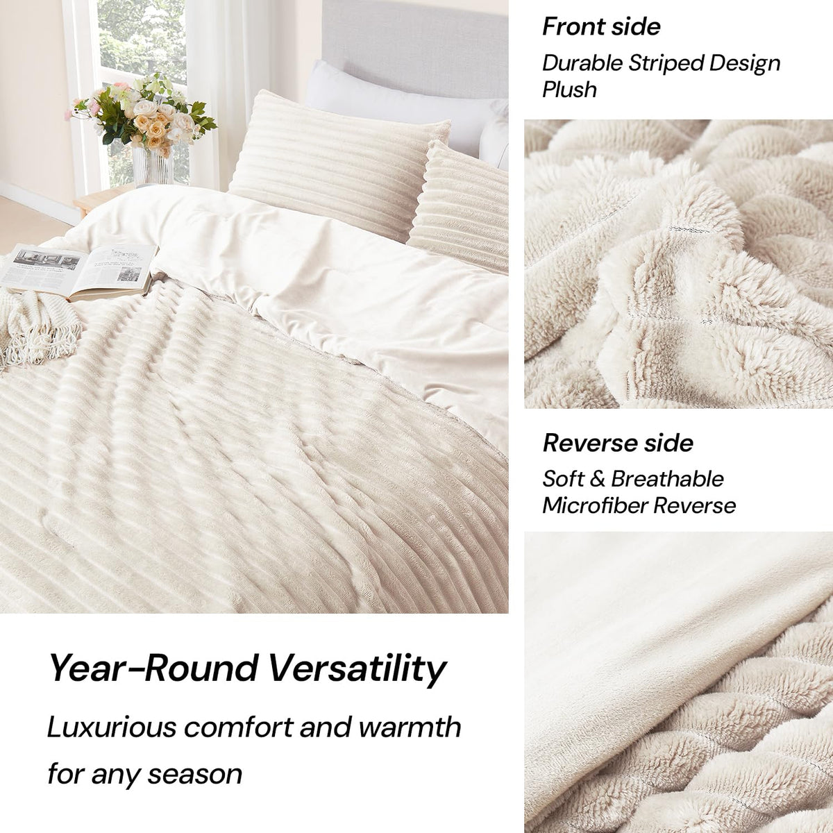 Cream White Fleece Queen Comforter Set - 3 Pieces Faux Fur Beige Comforter Queen, Soft Warm Fluffy Bedding Set