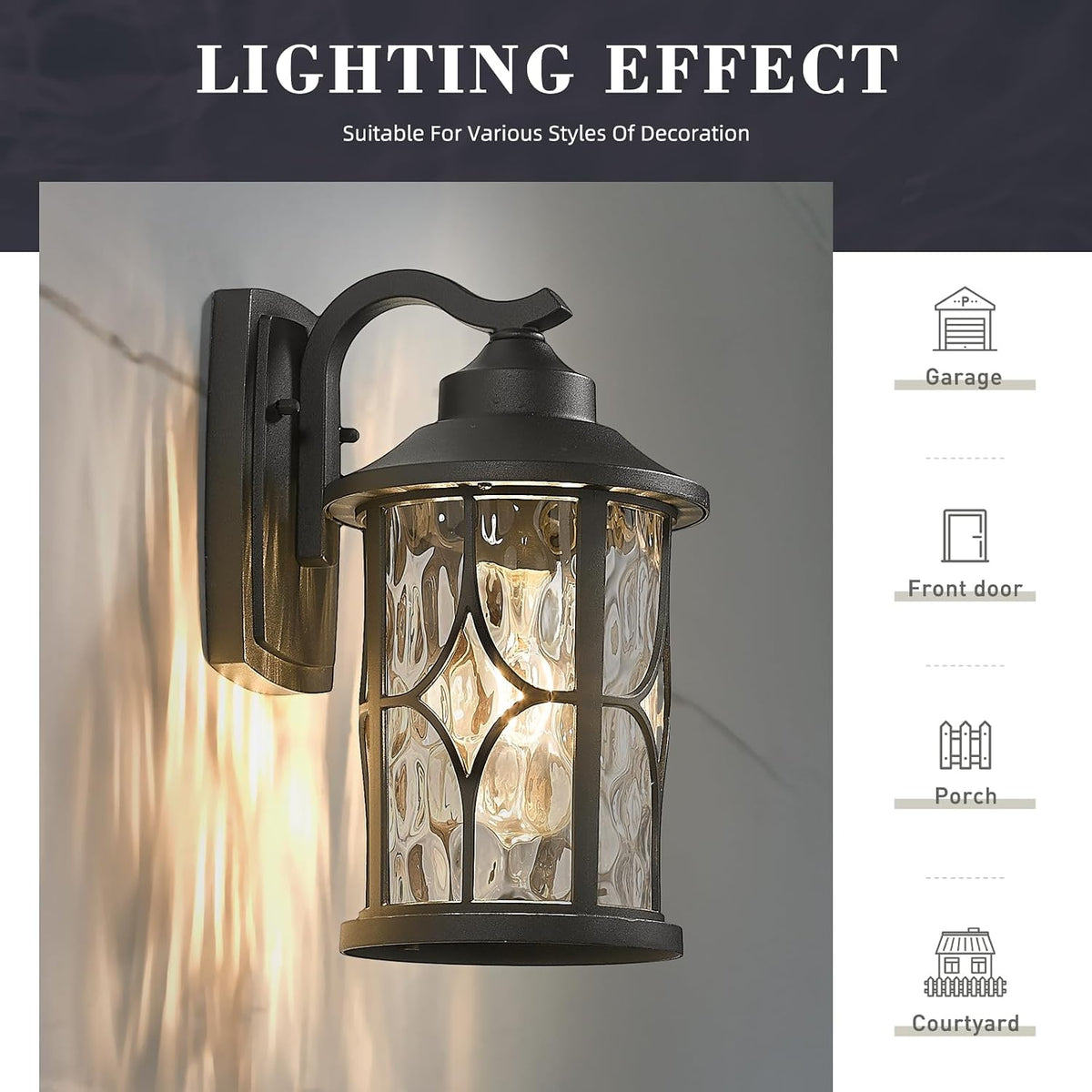 Modern Outdoor Wall Lights, 12 Inch Exterior Wall Lantern, Cast Aluminum with Water Ripple Glass, Black Finish