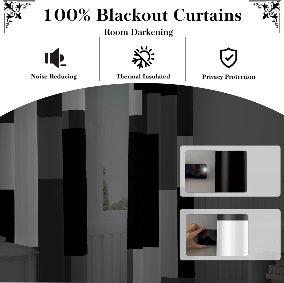 Black Grey 100% Blackout Curtains for Bedroom 2 Panels Set White Grey Modern Abstract Geometric Black