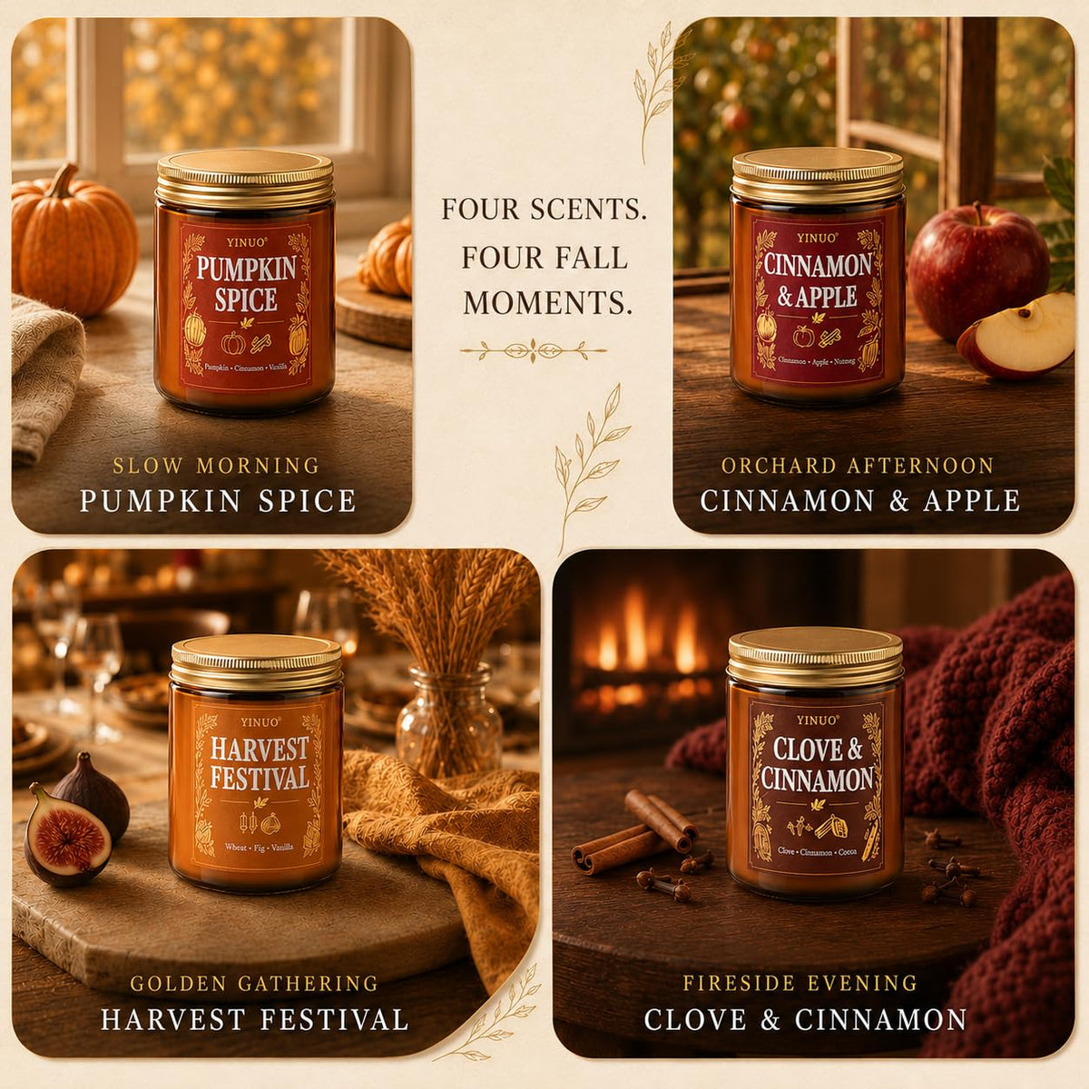 Fall Scented Candles Gift Set, 4 Pack Soy Coconut Wax Pumpkin Candle Set