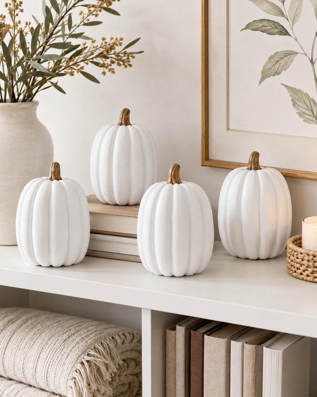 8 Inch White Artificial Pumpkins, 4 Pack Foam Pumpkins for Fall Decor
