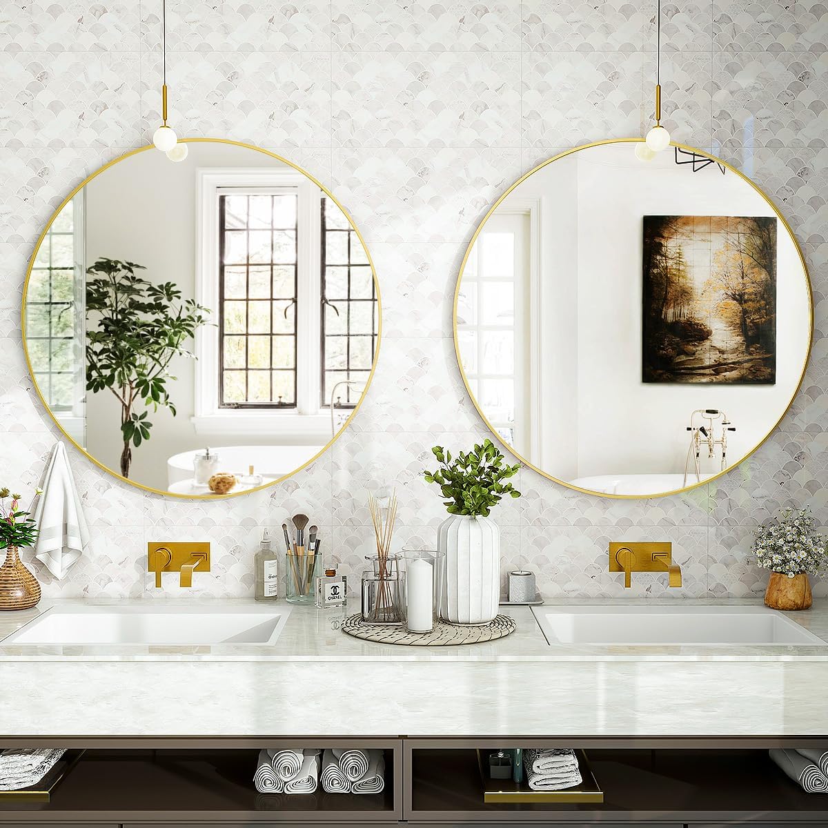 Gold Round Bathroom Mirror 24", Thin Metal Frame Wall Mirror