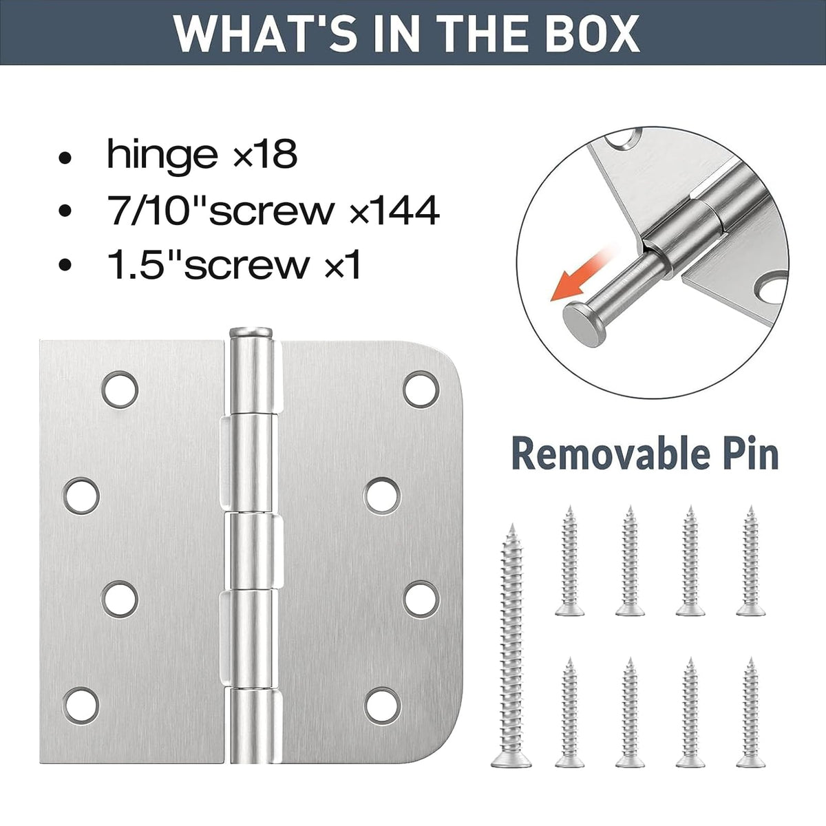 18 Pack Brushed Nickel Exterior Door Hinges 4 Inch with Square & 5/8" Radius Removable Pin Perfect for Heavy-Duty