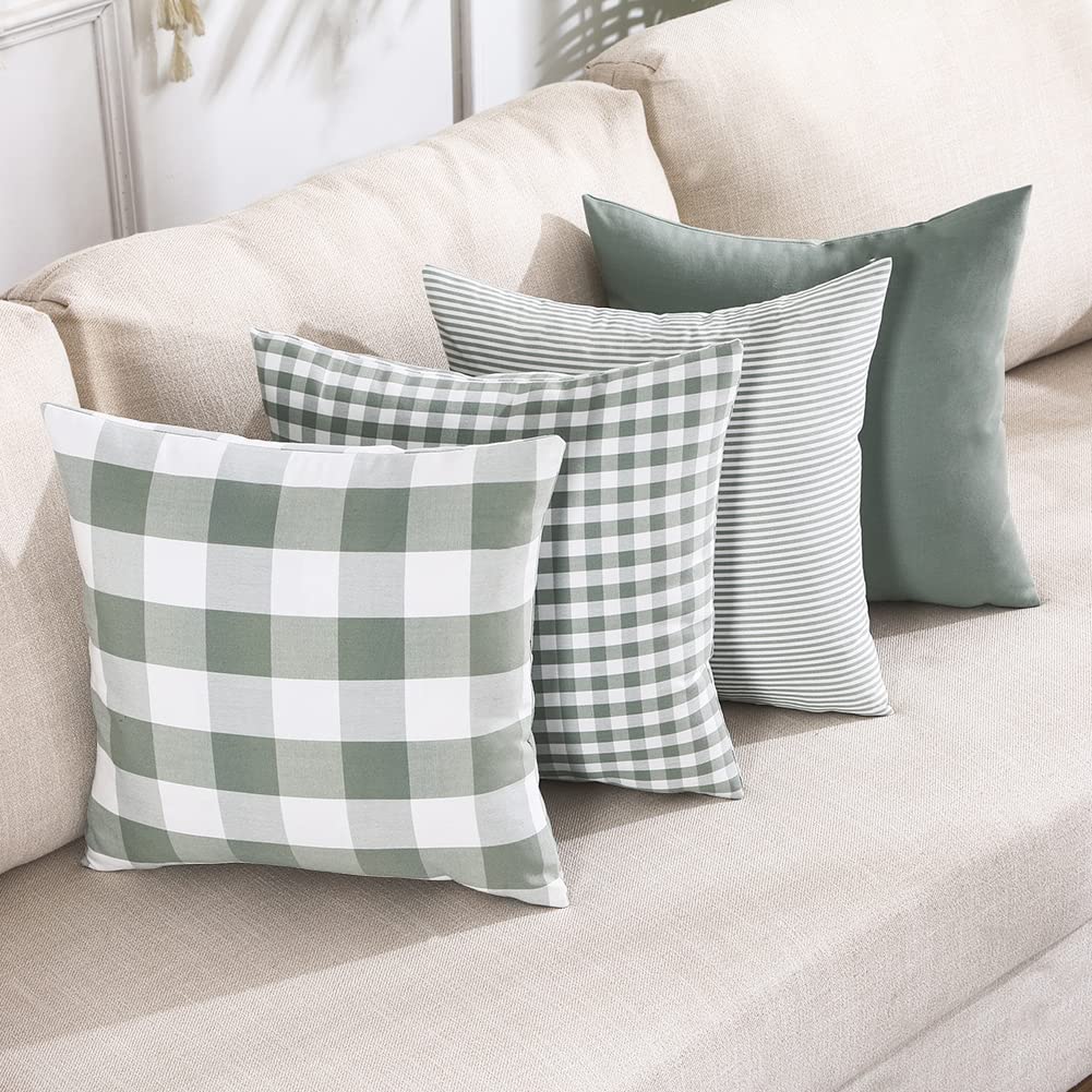 Sage Green Buffalo Check Plaid Outdoor Throw Pillow Cover 18x18 Set of 4