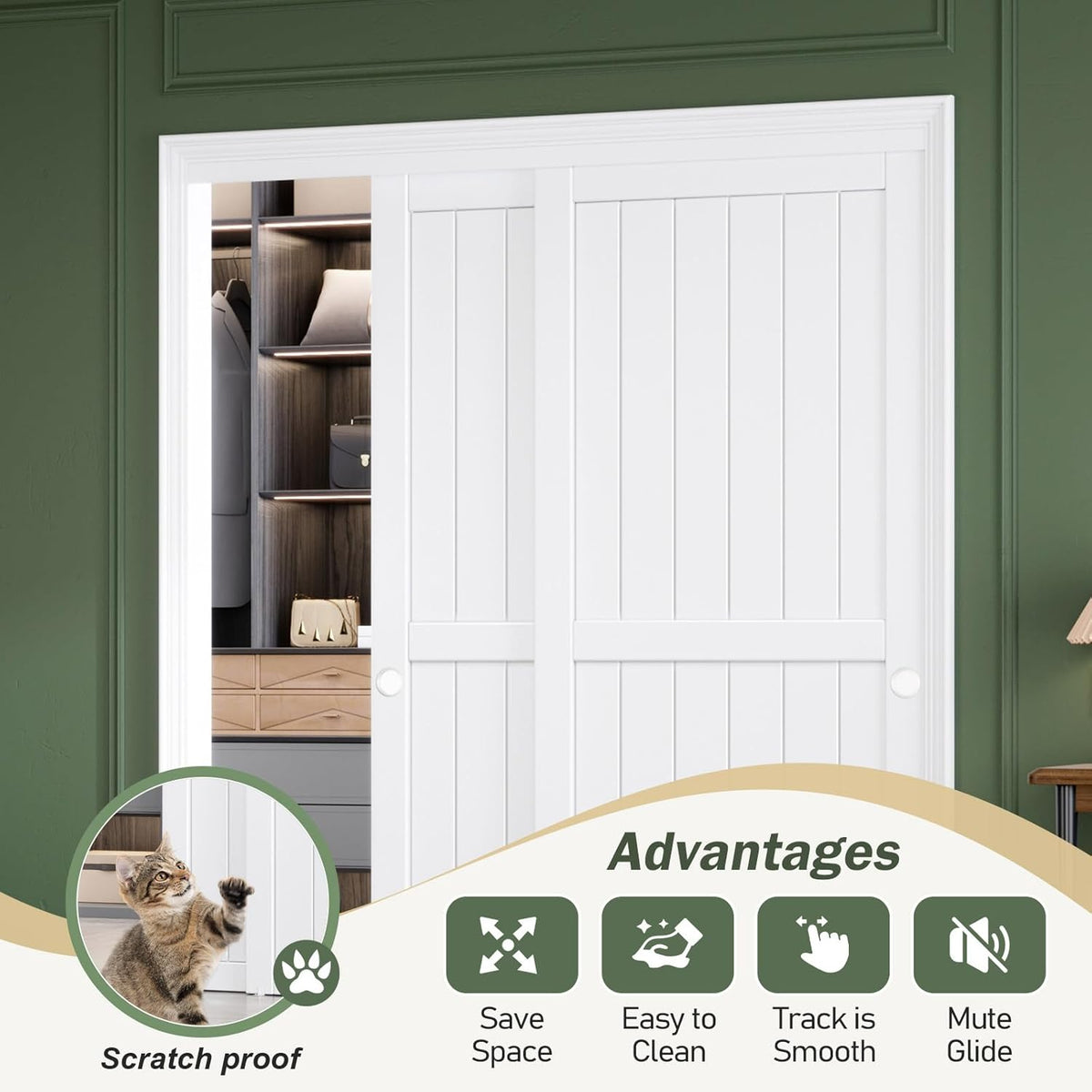 Sliding Closet Doors 64x80(Double 33inch),Bypass Barn Door with Hardware,for Bedroom,White,H Frame,Assemble Required