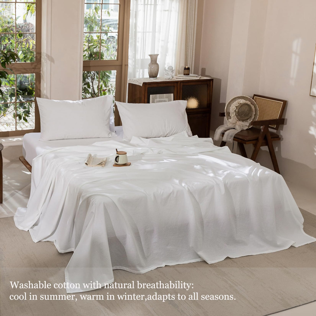 4Pcs Bright White Cotton Bed Sheet Set Deep Pocket