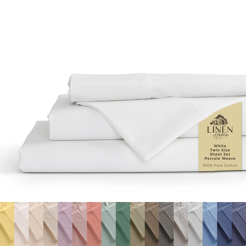 Twin Sheets 100% Cotton Percale, 3 Pc Cooling Set - White