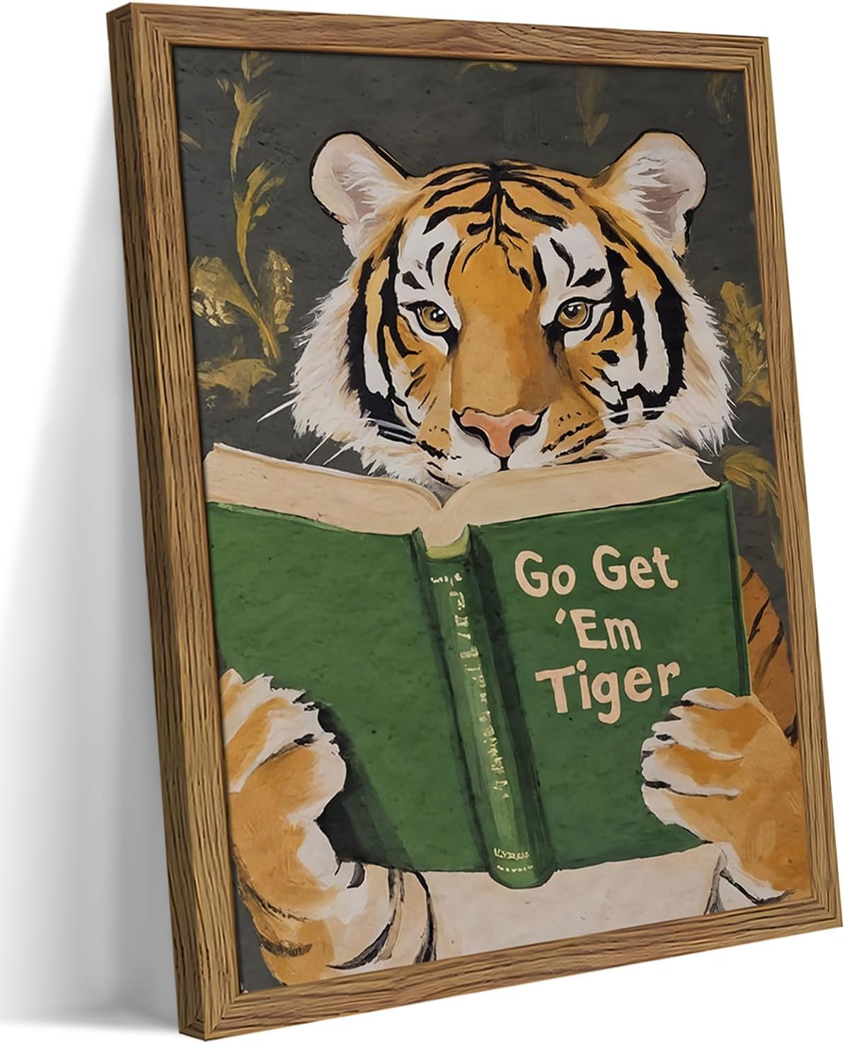 Framed Tiger Canvas Wall Art, Motivational Tigers Reading Poster Print, Humorous Bookworm Pictures Wall Decor