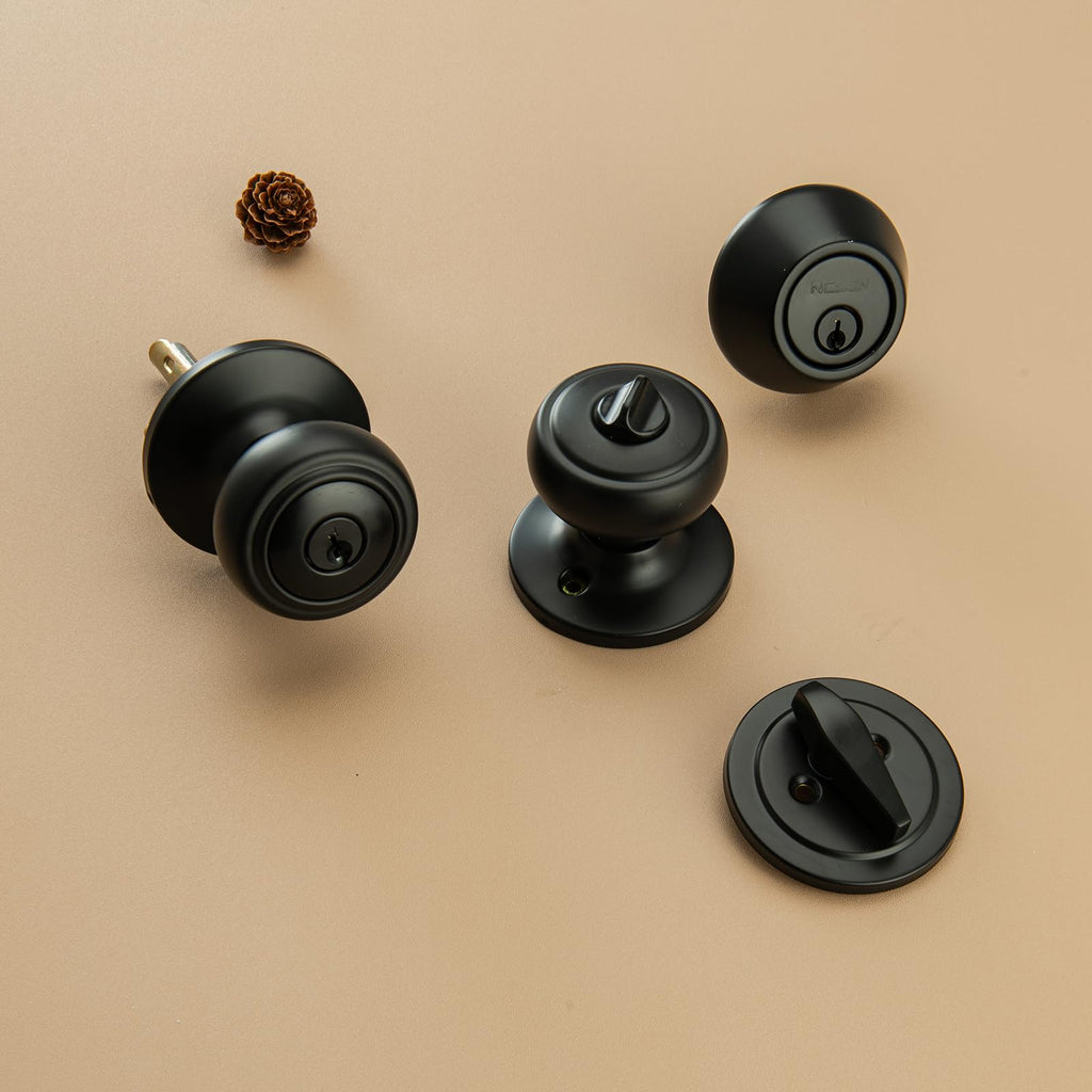 2 Pack Black Exterior Door Knobs with Deadbolt Keyed Alike