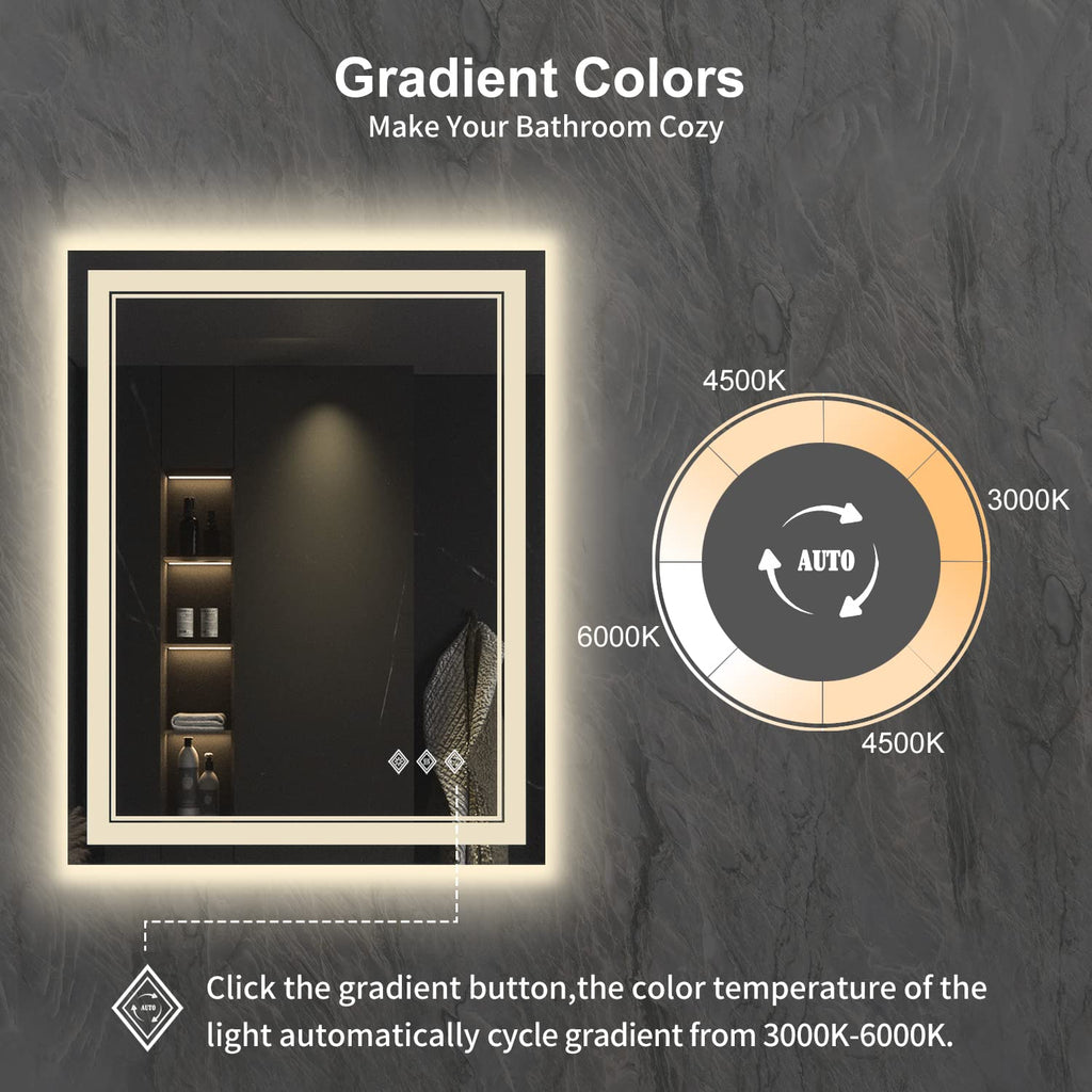LED Bathroom Mirror, 24x32 Inch Vanity Mirror with Lights, Gradient Front and Backlit Bathroom Mirror with Lights, 3