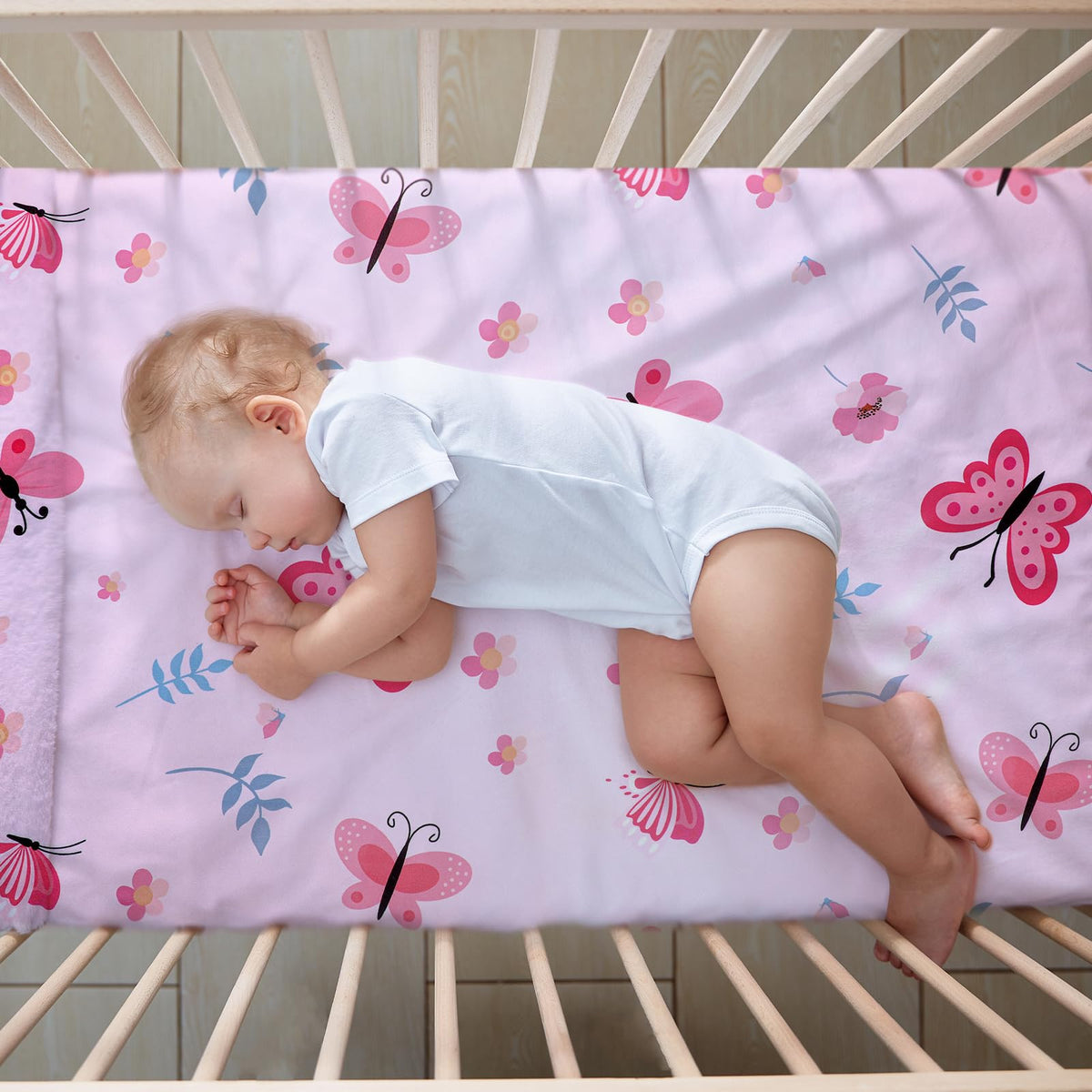 3 Pieces Butterfly Baby Crib Bedding Set for Girls, Pink