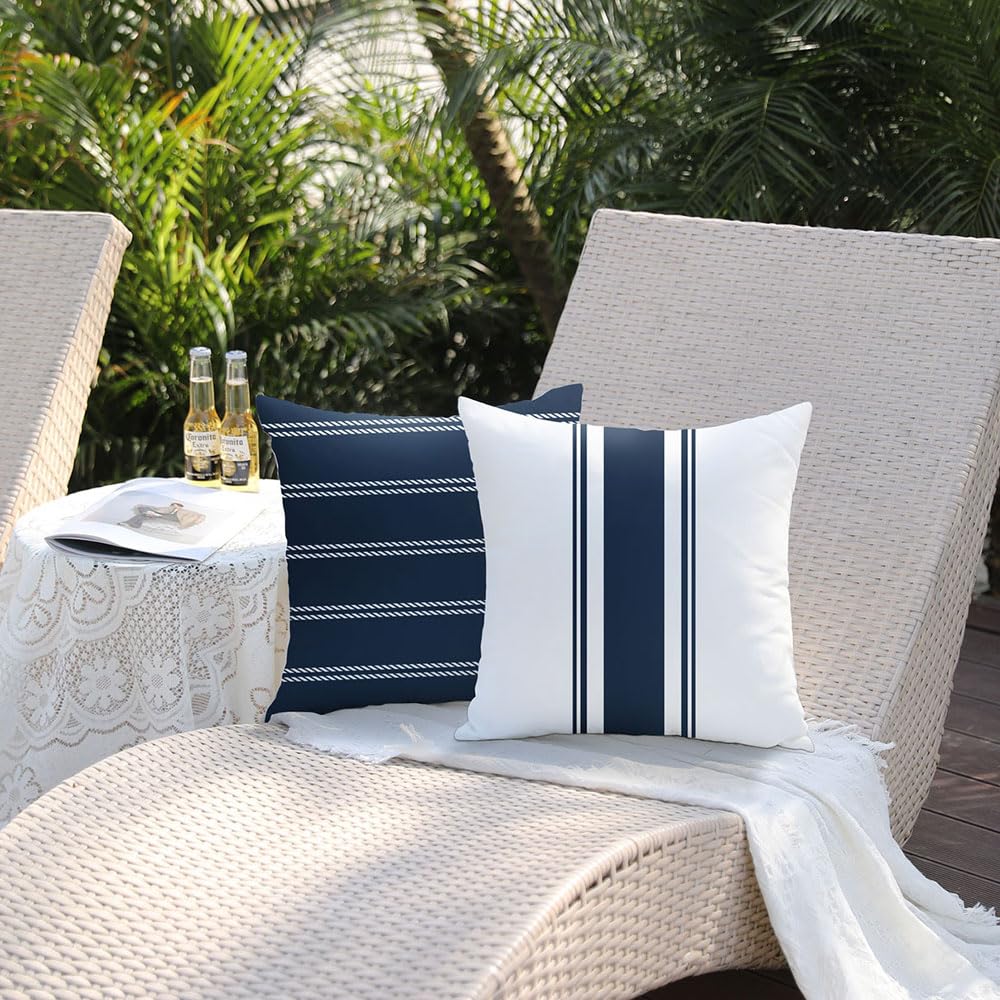 Outdoor Navy Blue Waterproof Geometry Pillow Covers 18x18 Set of 4